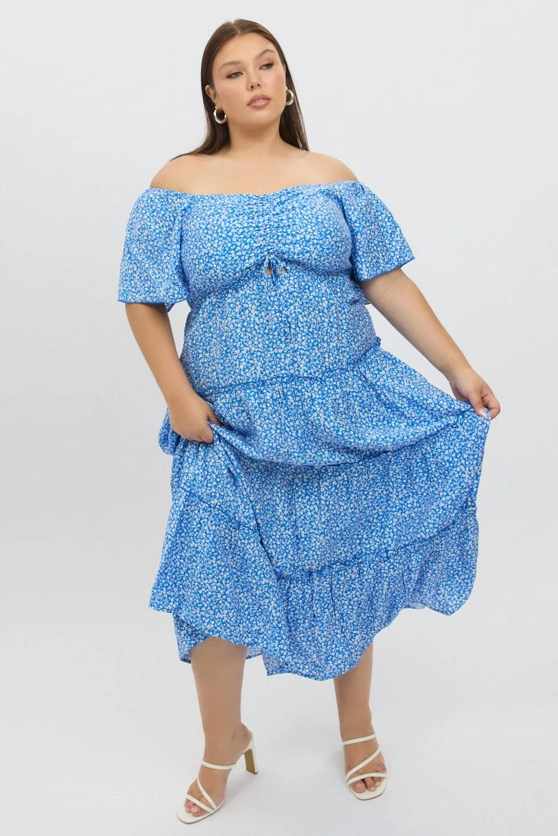 Blue Ditsy Maxi Dress Short Sleeve Ruched Bust Tiered 2 Blue Ditsy Maxi Dress Short Sleeve Ruched Bust Tiered - Image 2