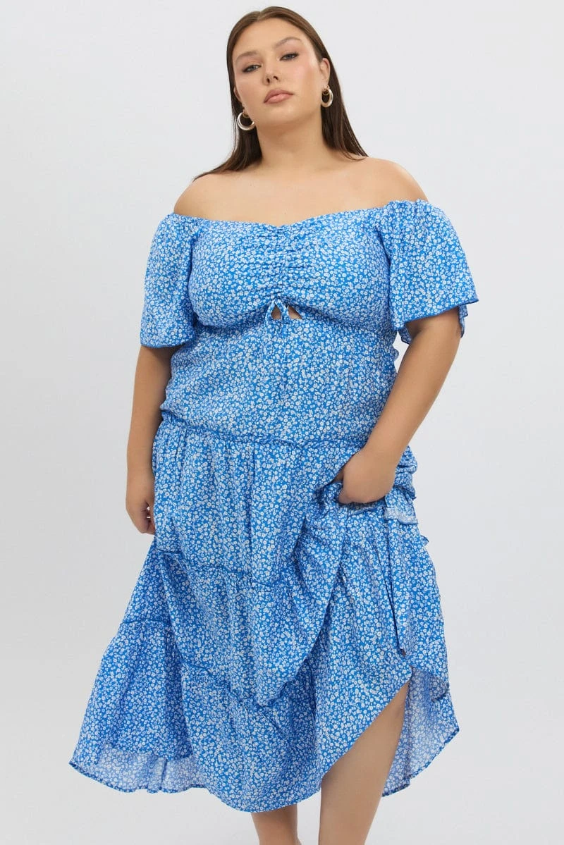 Blue Ditsy Maxi Dress Short Sleeve Ruched Bust Tiered 3 Blue Ditsy Maxi Dress Short Sleeve Ruched Bust Tiered - Image 3