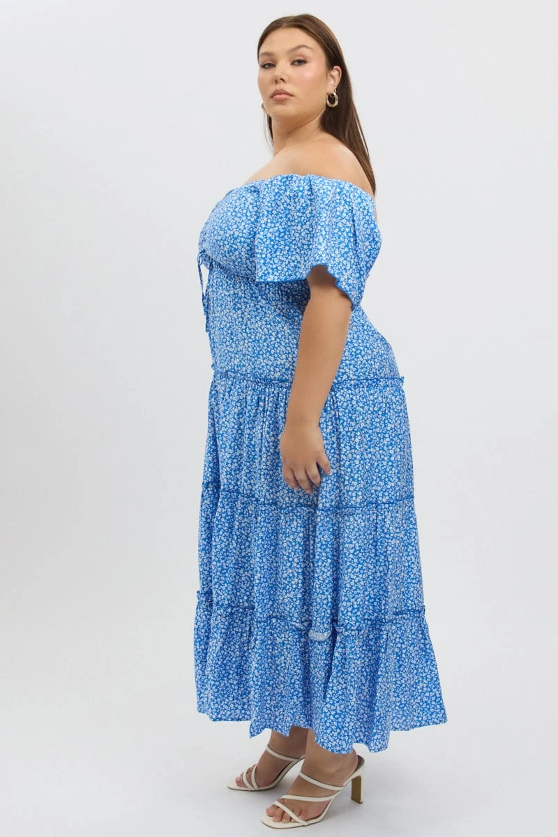 Blue Ditsy Maxi Dress Short Sleeve Ruched Bust Tiered 4 Blue Ditsy Maxi Dress Short Sleeve Ruched Bust Tiered - Image 4