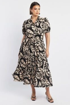 Black Floral Midi Dress Short Sleeve Shirt Floral