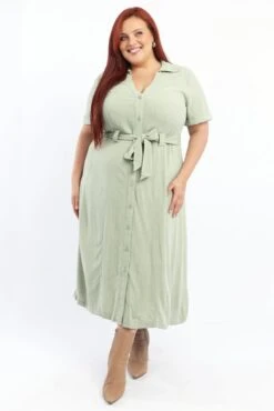 Green Midi Dress Short Sleeve Shirt Waist Tie
