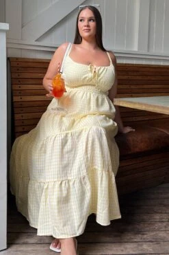 Yellow Check Midi Dress Sleeveless Tiered