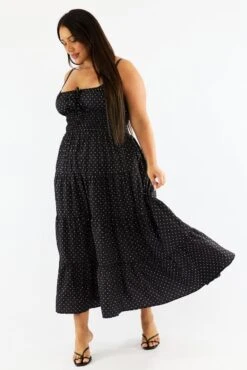 Black Polka Dot Maxi Dress Sleeveless Tiered Ruched Bust