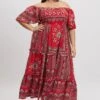Red Boho Maxi Dress Short Sleeve Tiered