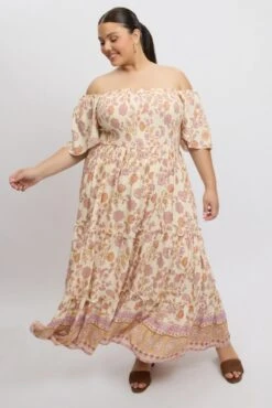 Beige Boho Maxi Dress Short Sleeve Shirred -You And All Fashion Store cdd3490h 35r boho 3