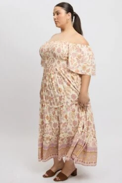 Beige Boho Maxi Dress Short Sleeve Shirred -You And All Fashion Store cdd3490h 35r boho 4