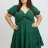 Green Textured Chiffon Twist Front Puff Sleeve Minidress