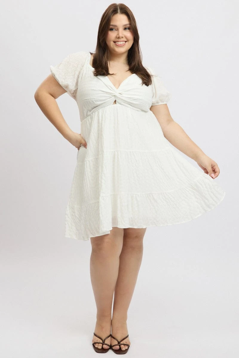 White Textured Chiffon Twist Front Puff Sleeve Minidress 1 White Textured Chiffon Twist Front Puff Sleeve Minidress