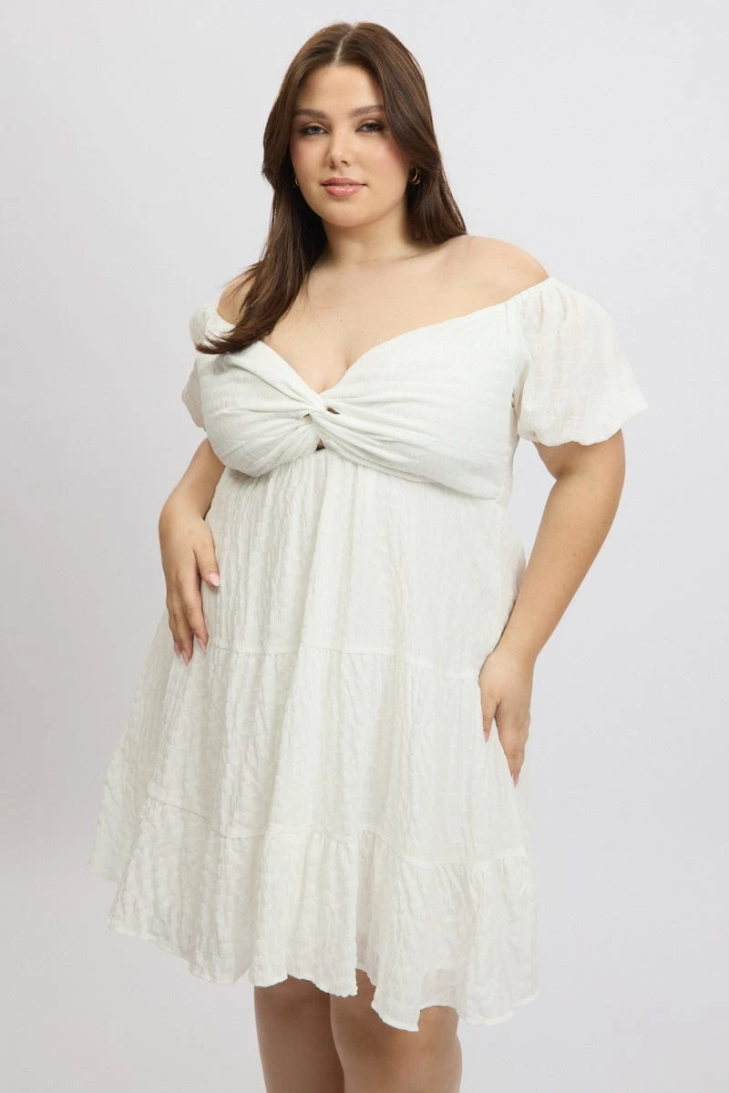 White Textured Chiffon Twist Front Puff Sleeve Minidress 2 White Textured Chiffon Twist Front Puff Sleeve Minidress - Image 2