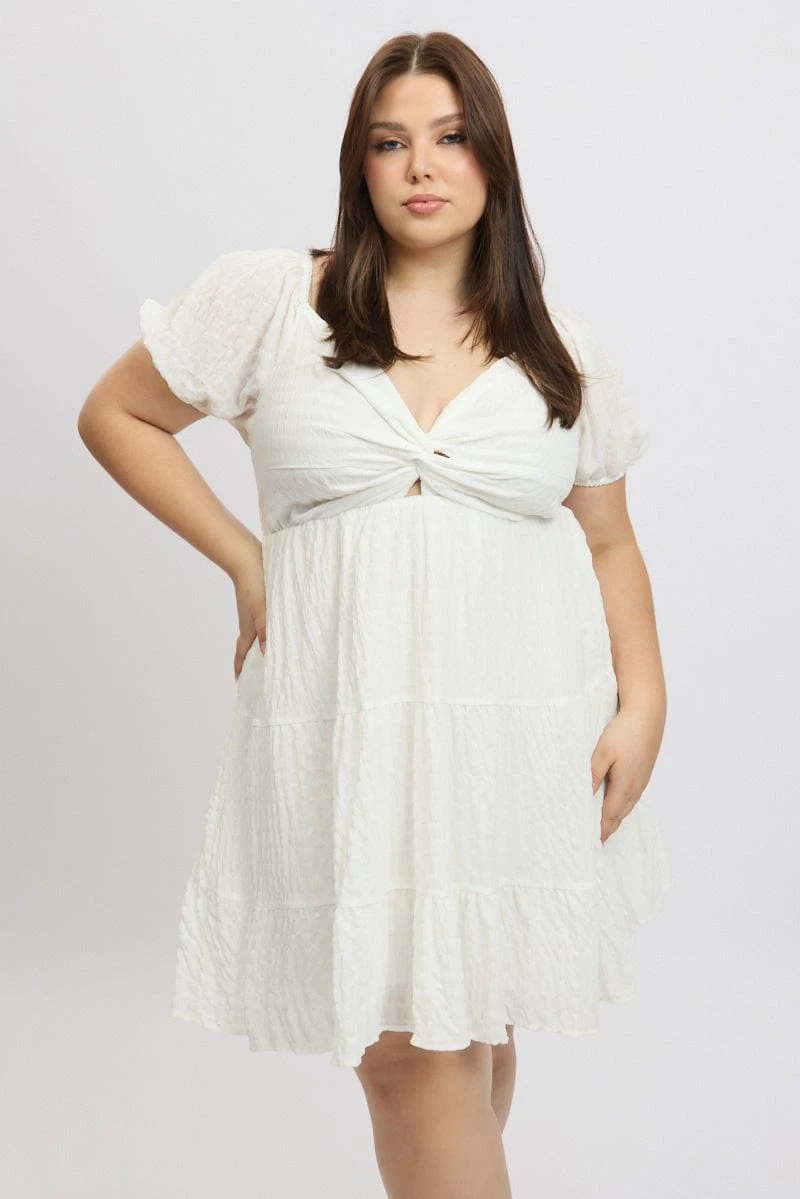 White Textured Chiffon Twist Front Puff Sleeve Minidress 3 White Textured Chiffon Twist Front Puff Sleeve Minidress - Image 3