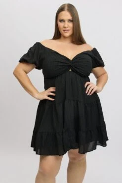 Black Textured Chiffon Twist Front Puff Sleeve Minidress -You And All Fashion Store cdd3500 115ab black 3