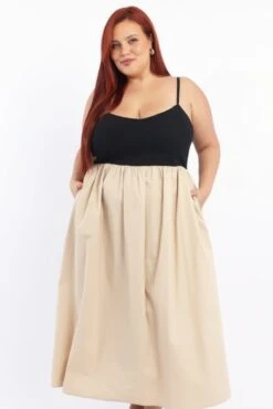 Beige Midi Dress Sleeveless Poplin Skirt -You And All Fashion Store cdd3523 127r stone 2