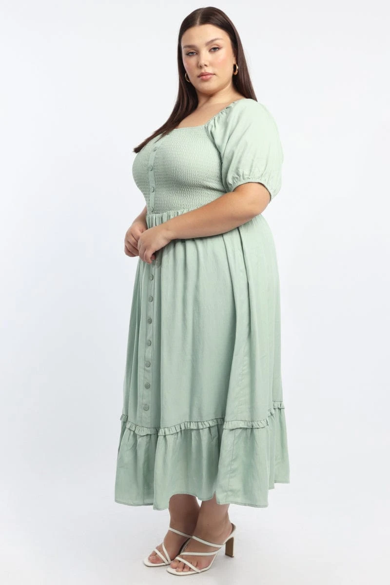 Green Midi Dress Short Sleeve Shirred Bust 3 Green Midi Dress Short Sleeve Shirred Bust - Image 3