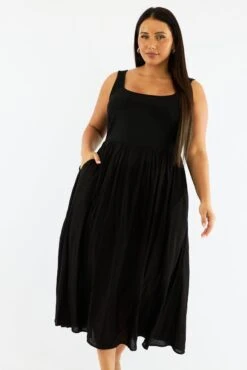 Black Midi Dress Sleeveless Scoop Neck Linen Blend