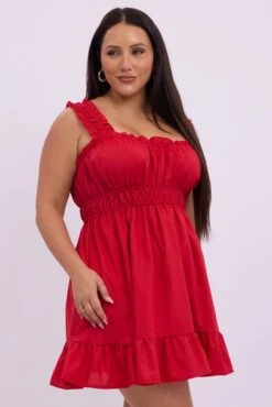 Red Scoop Neck Cotton Blend Gather Sleeve Minidress -You And All Fashion Store cdd3578a 47ab red 4