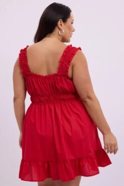 Red Scoop Neck Cotton Blend Gather Sleeve Minidress -You And All Fashion Store cdd3578a 47ab red 5