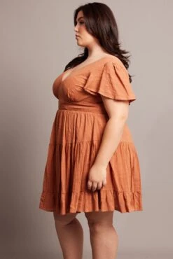 Brown V-neck Textured Cotton Mini Dress -You And All Fashion Store cdd3601 34ab clay 4