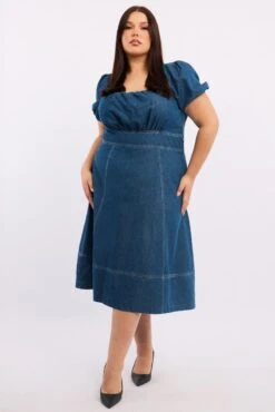 Denim Midi Dress Short Sleeve Ruched Bust