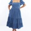 Denim Midi Dress Short Sleeve Tiered