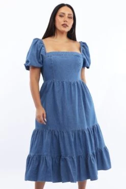 Denim Midi Dress Short Sleeve Tiered -You And All Fashion Store cdd3610 84r mid wash 2