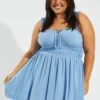 Blue Tie Front Frill Strap Mini Dress