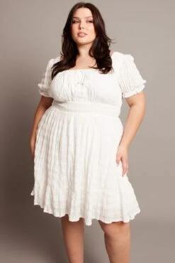 White Textured Check Cotton Blend Shirred Waist Mini Dress -You And All Fashion Store cdd3768 34a white 3