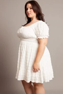 White Textured Check Cotton Blend Shirred Waist Mini Dress -You And All Fashion Store cdd3768 34a white 4