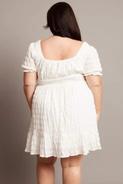 White Textured Check Cotton Blend Shirred Waist Mini Dress -You And All Fashion Store cdd3768 34a white 5