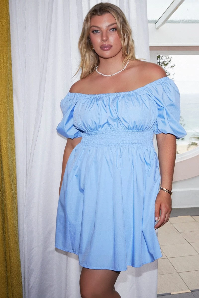 Blue Shirred Waist Cotton Blend Pocket Minidress 3 Blue Shirred Waist Cotton Blend Pocket Minidress - Image 3