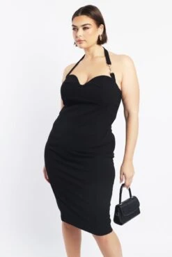 Black Halter Bodycon Midi Dress Clasp Detail -You And All Fashion Store cdd40002 116db black 3