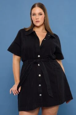 Black Denim Mini Dress Button Front Short Sleeve