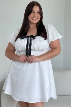 White Ruched Bust Mini Dress Puff Sleeve Ribbon Detail