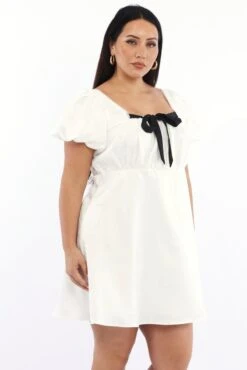 White Ruched Bust Mini Dress Puff Sleeve Ribbon Detail -You And All Fashion Store cdd40013 123db cream 4