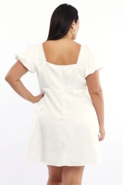 White Ruched Bust Mini Dress Puff Sleeve Ribbon Detail -You And All Fashion Store cdd40013 123db cream 5