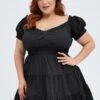 Black Fit And Flare Dress Short Sleeve Shirred