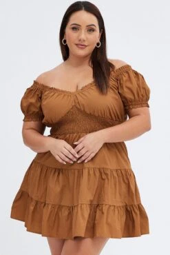 Brown Fit And Flare Dress Short Sleeve Shirred