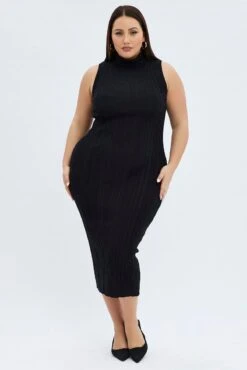 Black Knit Dress Midi Length High Neck Sleeveless -You And All Fashion Store cdd4032 40ab black 3