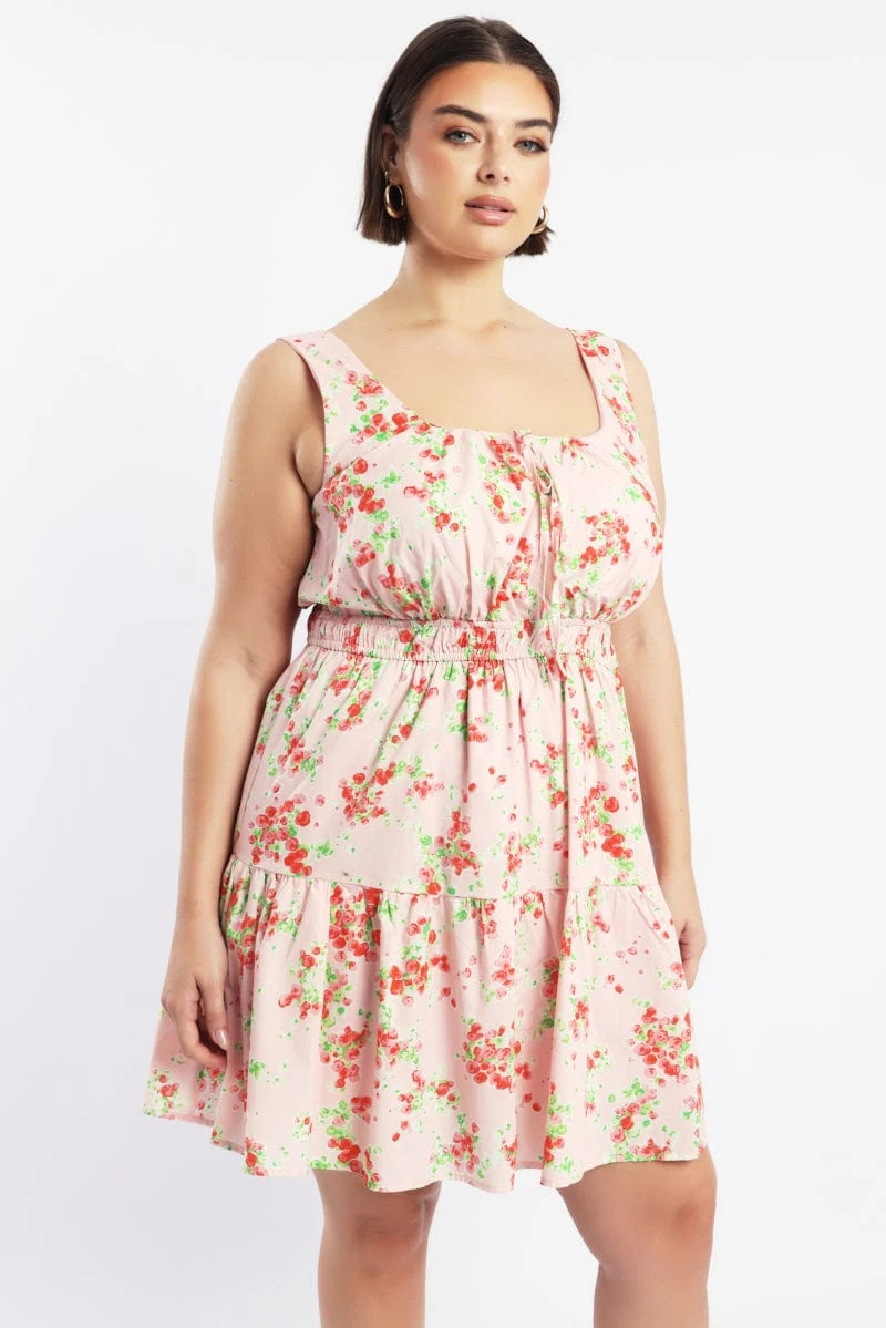 Pink Floral Scoop Neck Tie Front Cotton Poplin Minidress 1 Pink Floral Scoop Neck Tie Front Cotton Poplin Minidress