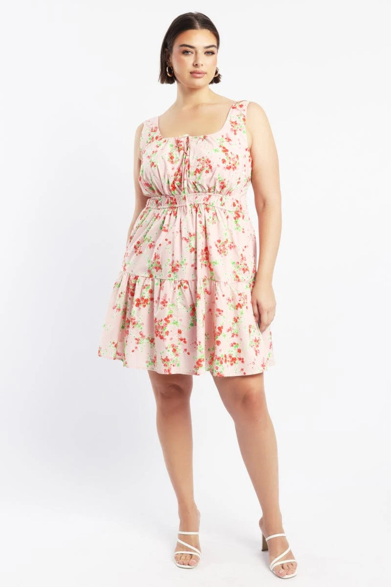 Pink Floral Scoop Neck Tie Front Cotton Poplin Minidress 2 Pink Floral Scoop Neck Tie Front Cotton Poplin Minidress - Image 2