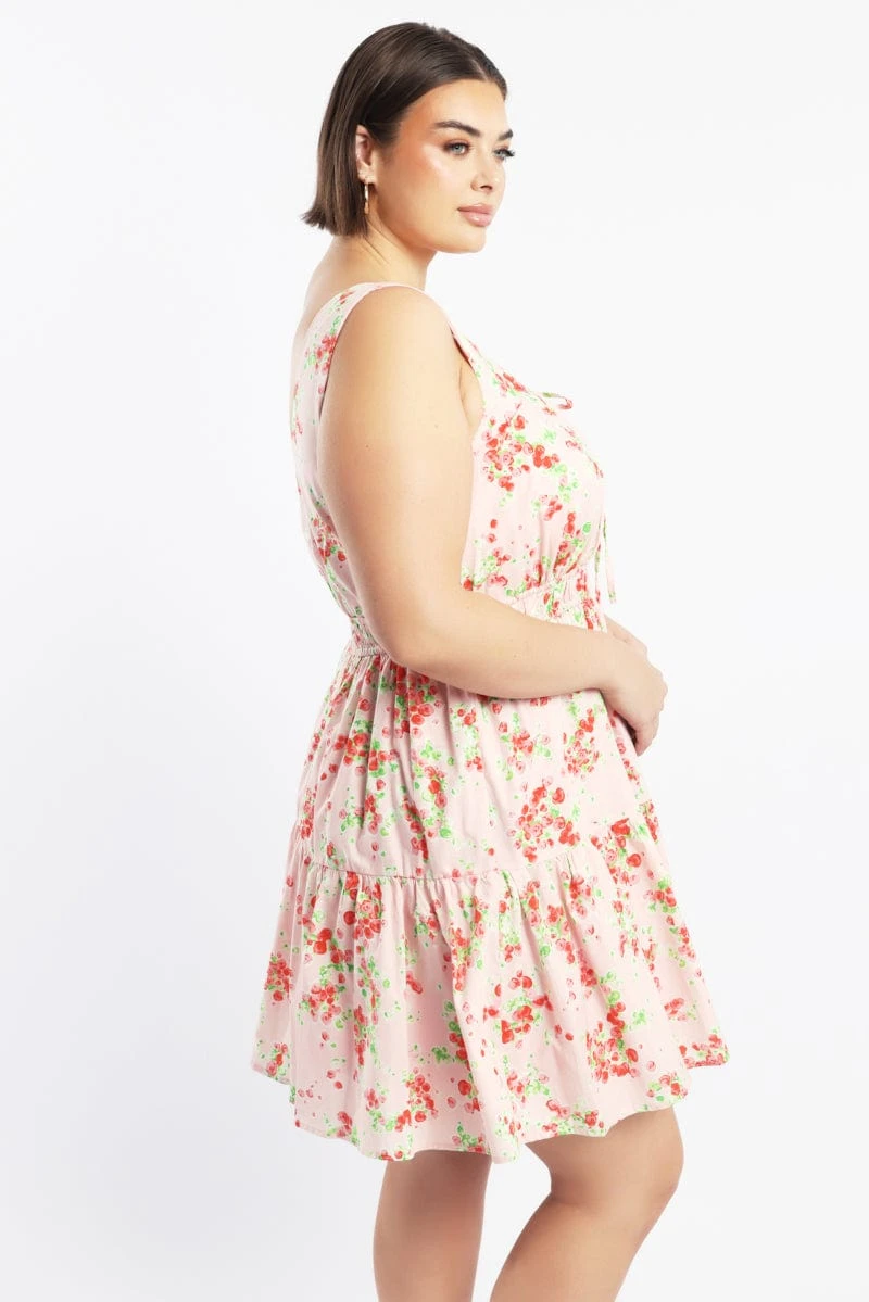 Pink Floral Scoop Neck Tie Front Cotton Poplin Minidress 3 Pink Floral Scoop Neck Tie Front Cotton Poplin Minidress - Image 3