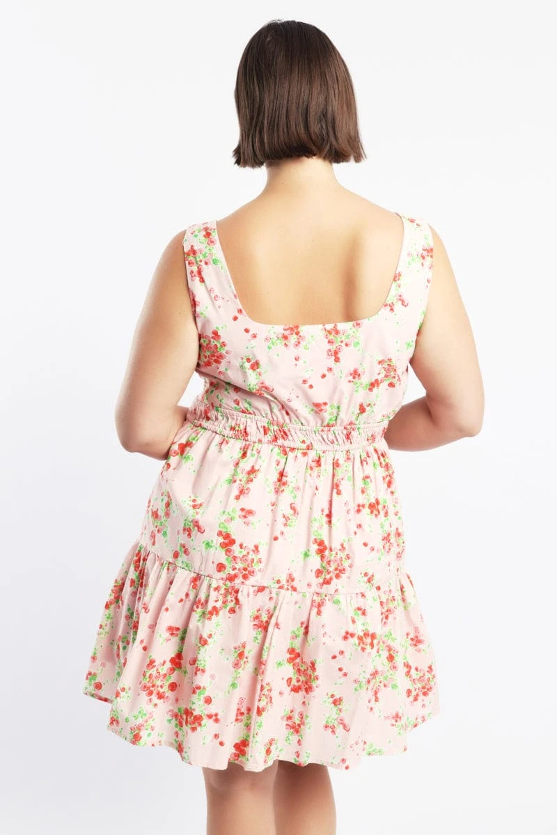 Pink Floral Scoop Neck Tie Front Cotton Poplin Minidress 4 Pink Floral Scoop Neck Tie Front Cotton Poplin Minidress - Image 4