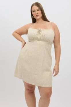 Beige Tie Front Shoestring Strap Linen Blend Minidress -You And All Fashion Store cdd4047 122a oatmeal 3