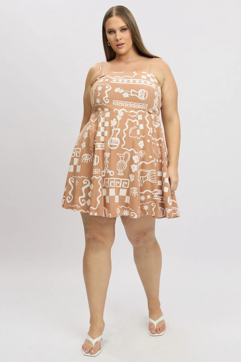 Brown Abstract Linen Blend Shoestring Strap Minidress 2 Brown Abstract Linen Blend Shoestring Strap Minidress - Image 2