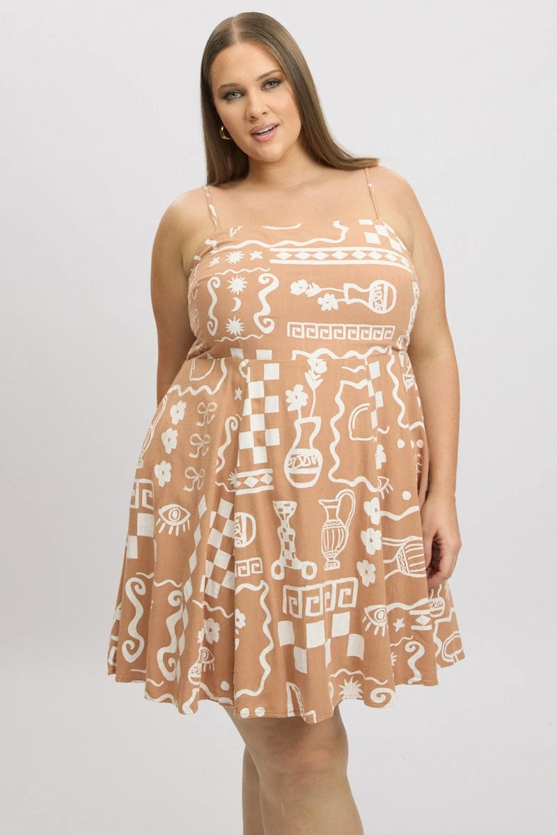 Brown Abstract Linen Blend Shoestring Strap Minidress 3 Brown Abstract Linen Blend Shoestring Strap Minidress - Image 3