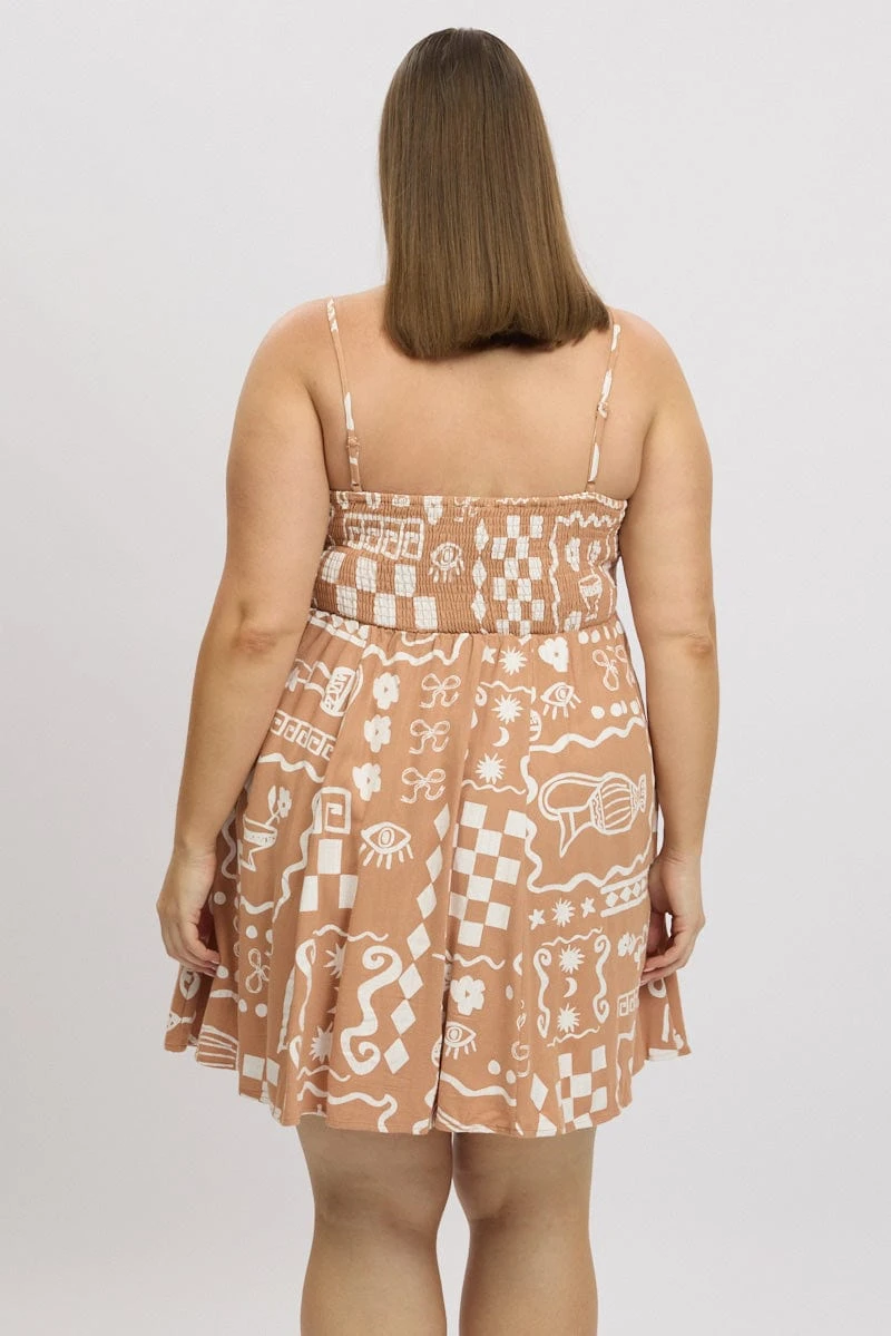 Brown Abstract Linen Blend Shoestring Strap Minidress 5 Brown Abstract Linen Blend Shoestring Strap Minidress - Image 5