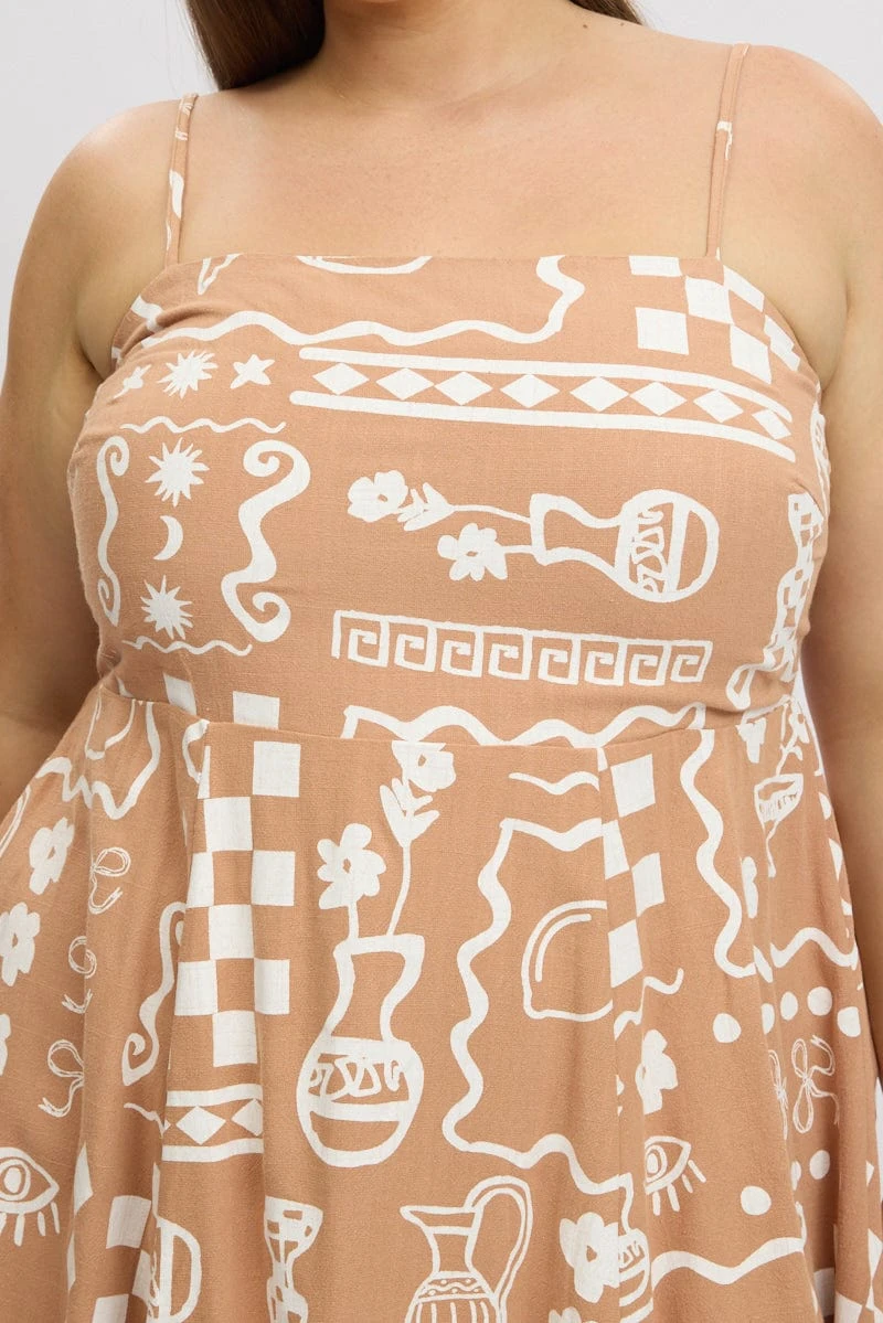 Brown Abstract Linen Blend Shoestring Strap Minidress 6 Brown Abstract Linen Blend Shoestring Strap Minidress - Image 6