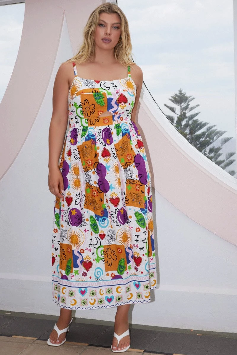 Multi Abstract Midi Dress Sleeveless Linen Blend 1 Multi Abstract Midi Dress Sleeveless Linen Blend