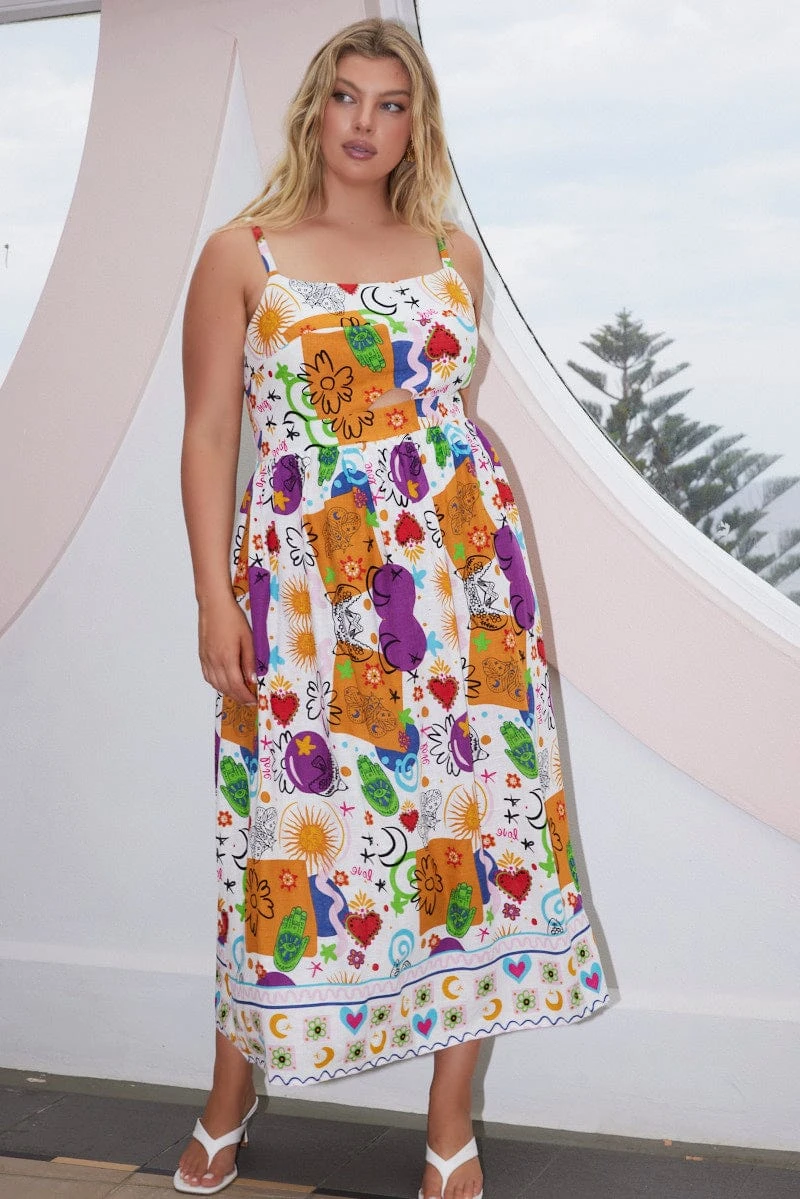 Multi Abstract Midi Dress Sleeveless Linen Blend 2 Multi Abstract Midi Dress Sleeveless Linen Blend - Image 2