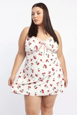 White Print Ribbon Trim Cherry Print Cami Slip Dress