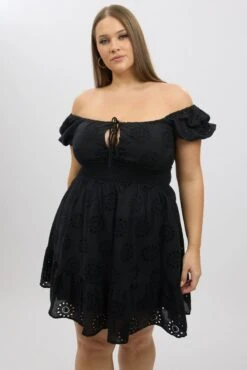 Black Cotton Eyelet Lace Scoop Neck Mini Dress